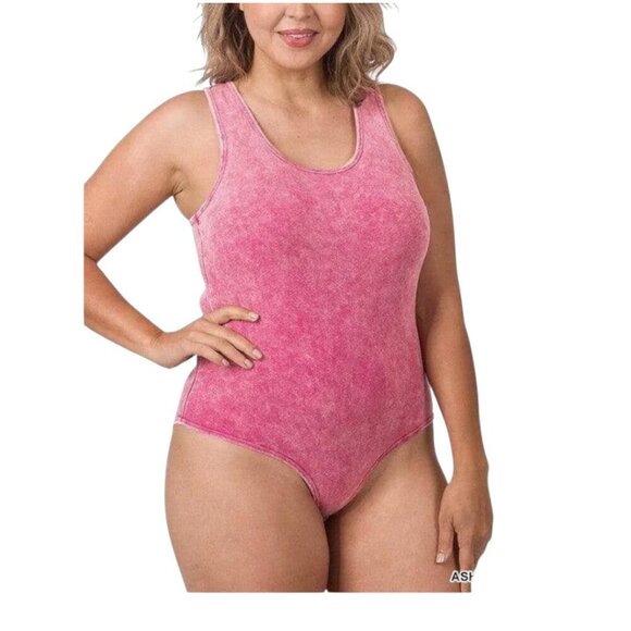Zenana Acid Washed Racerback Tank Bodysuit I Size: 2X - Picture 2 of 12